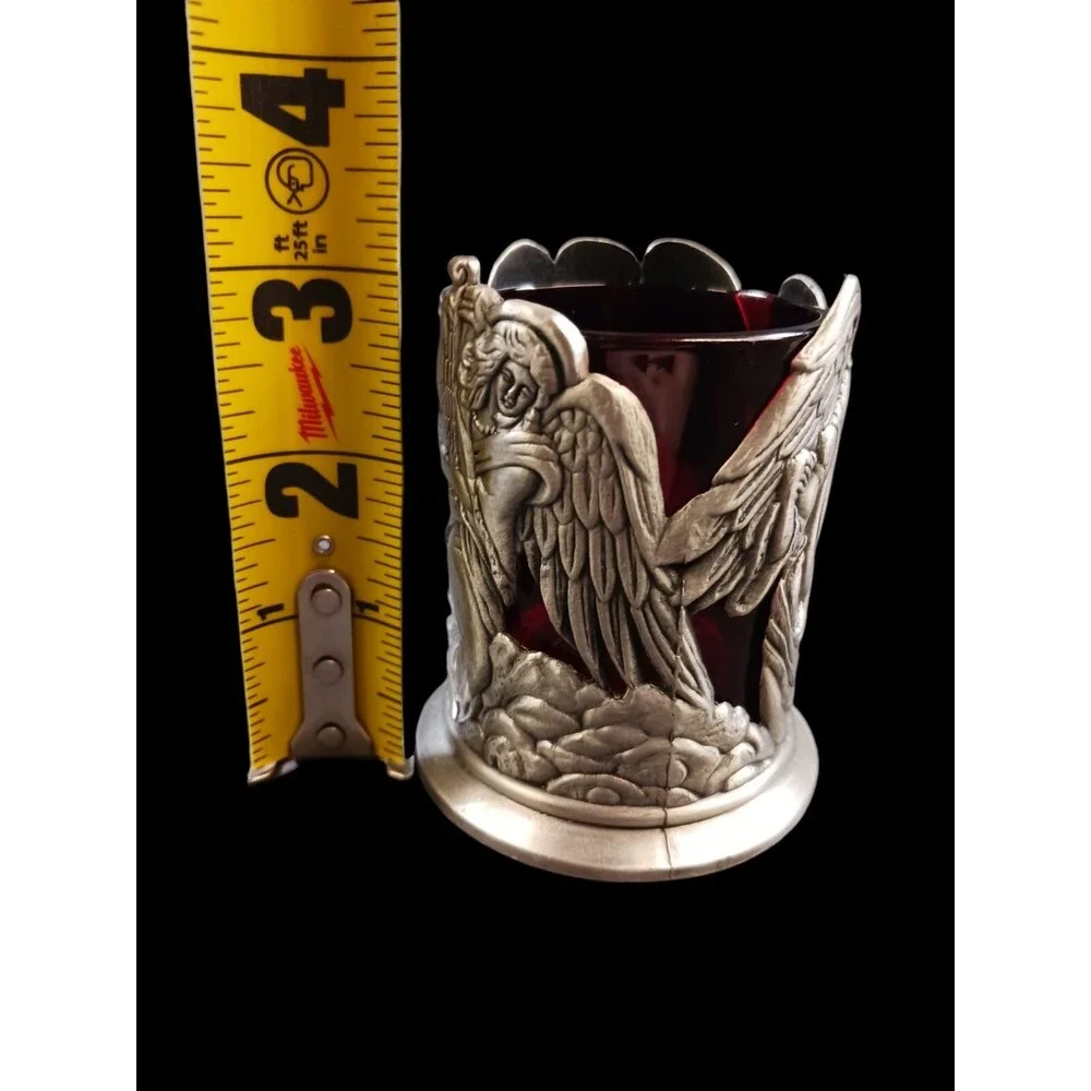 Pewter & Red Glass Votive Candle Holder Angels w/Musical Instruments 3